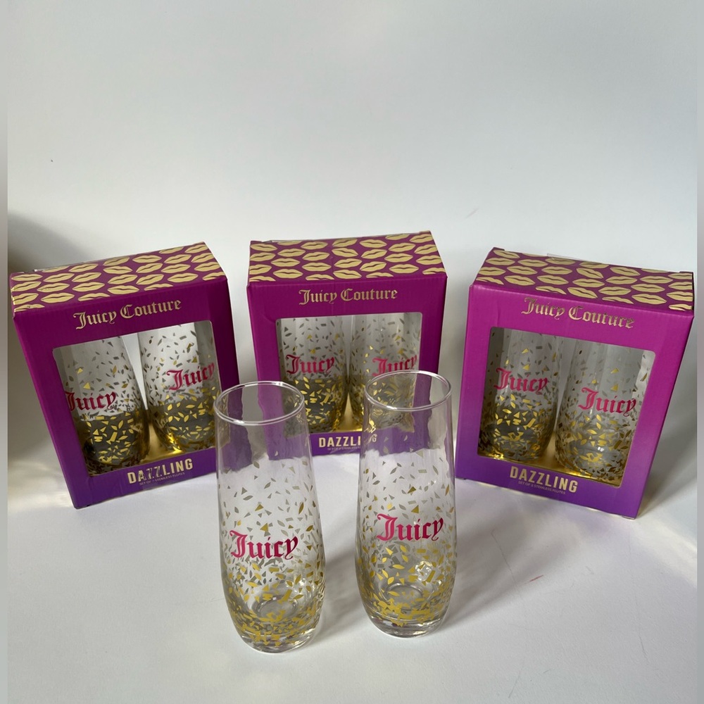 Set Of 8 Juicy Couture Stemless Flutes Wine Glasses Gold Pink 8 oz New in Box